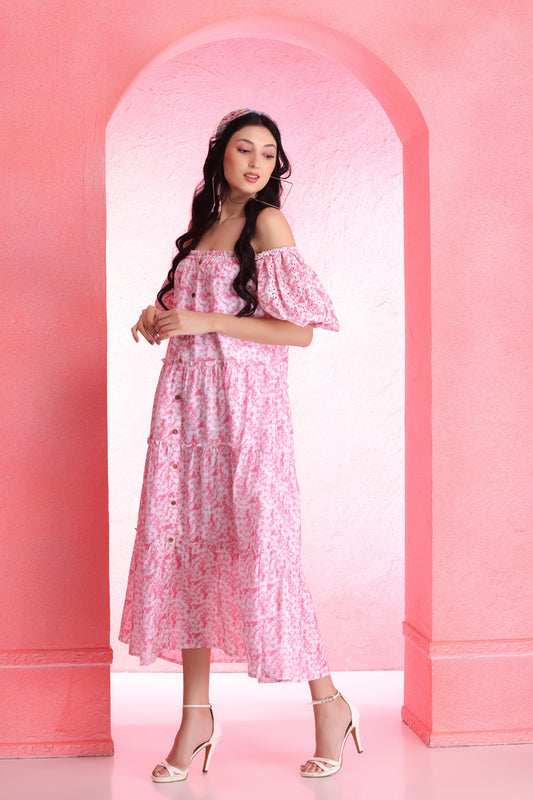 Rose White Tiered Flared Midi Dress