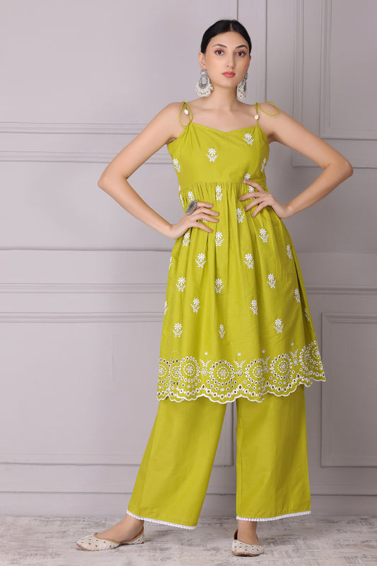 Lime Floral Halter Embroidered Kurta Set