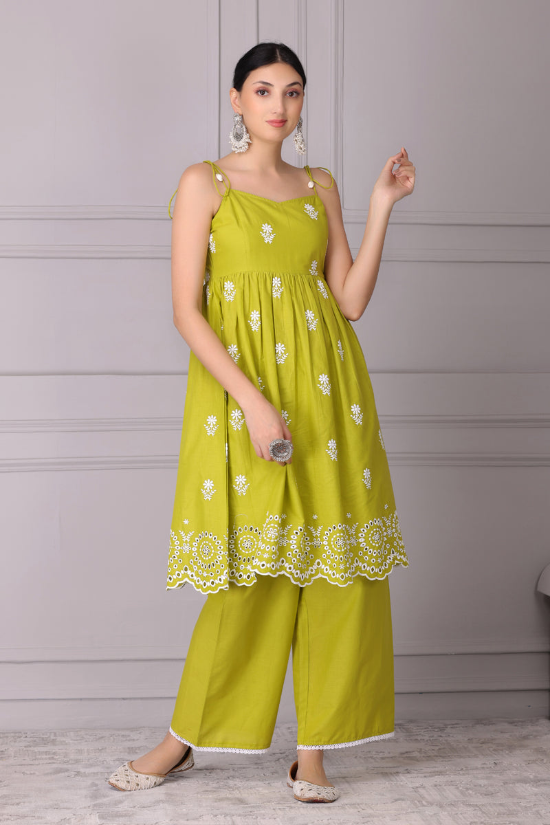 Lime Floral Halter Embroidered Kurta