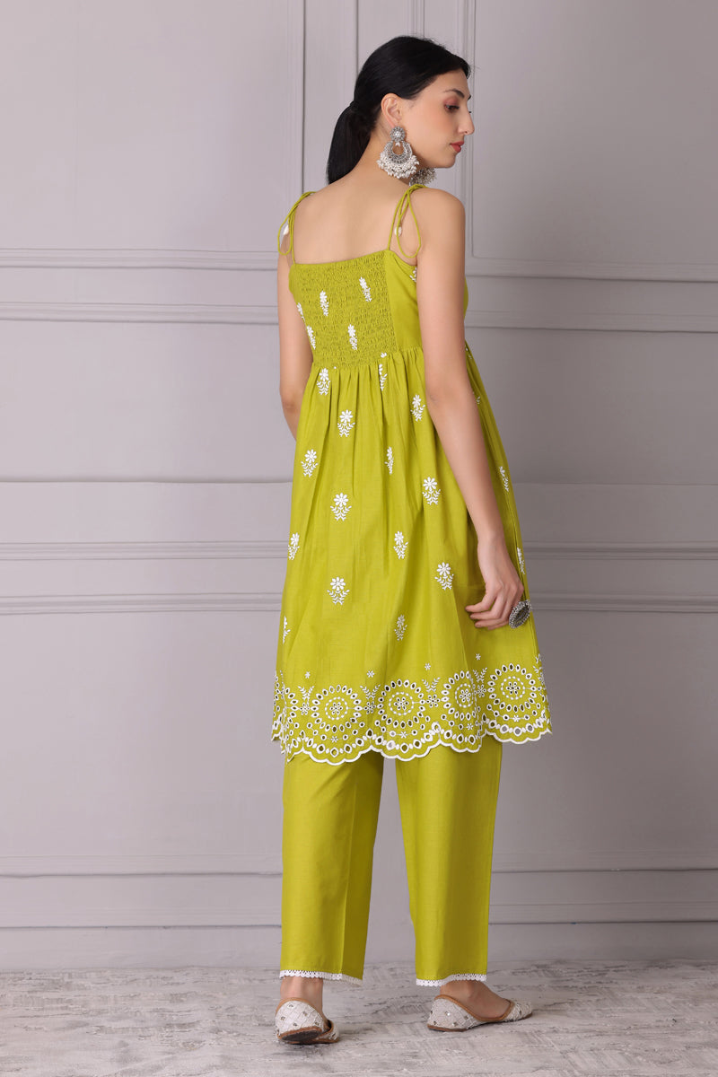 Lime Floral Halter Embroidered Kurta