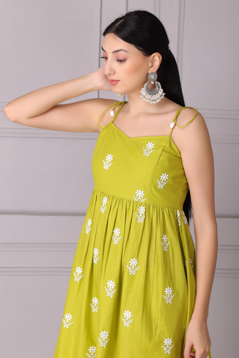 Lime Floral Halter Embroidered Kurta