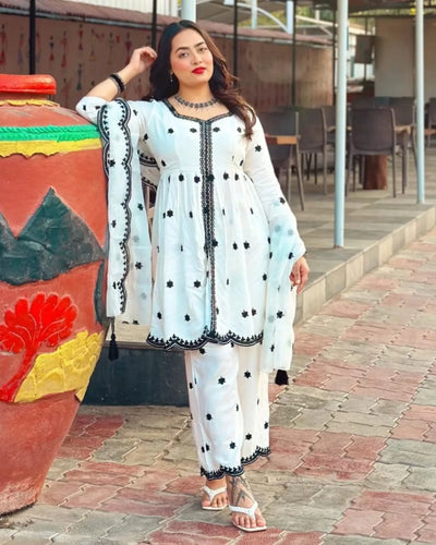 Cream and Black Embroidered Suit Set