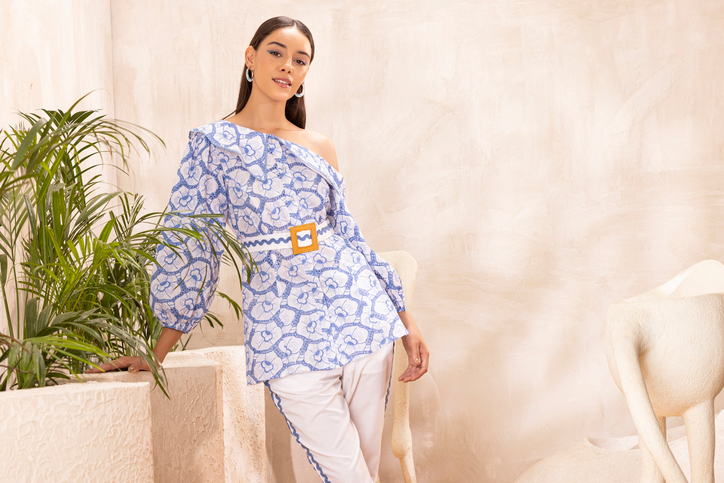 White and Blue Floral Embroidered Co-Ord Set