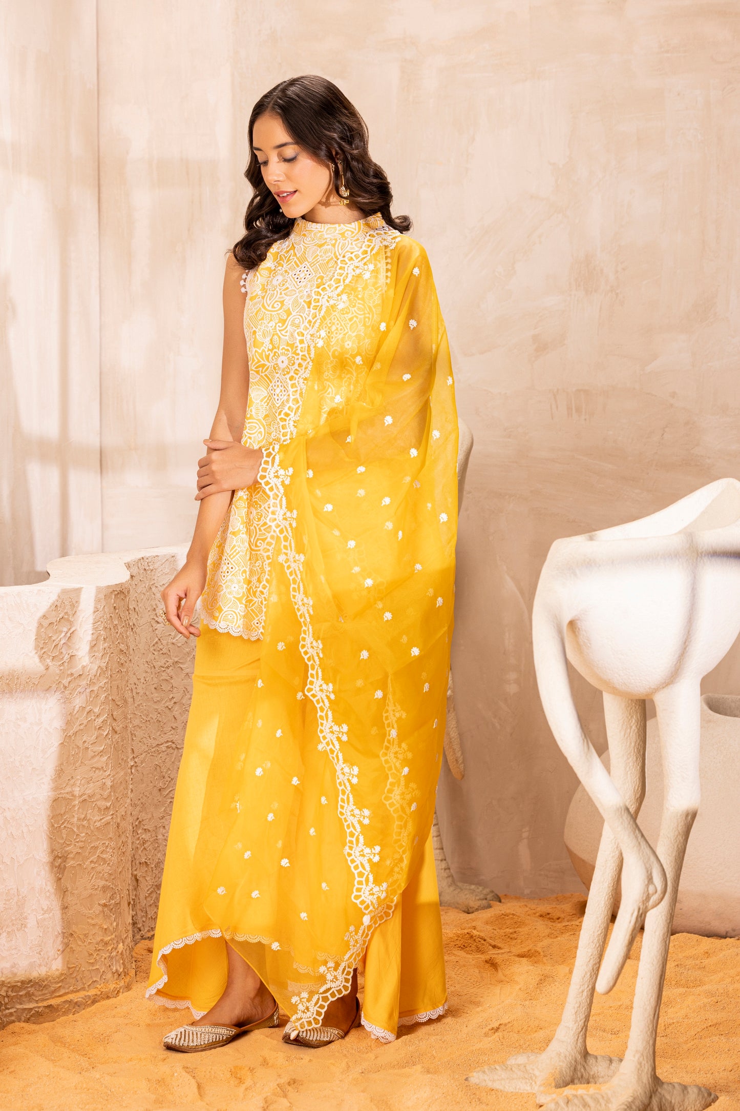 Marigold Halter Set With Organza dupatta