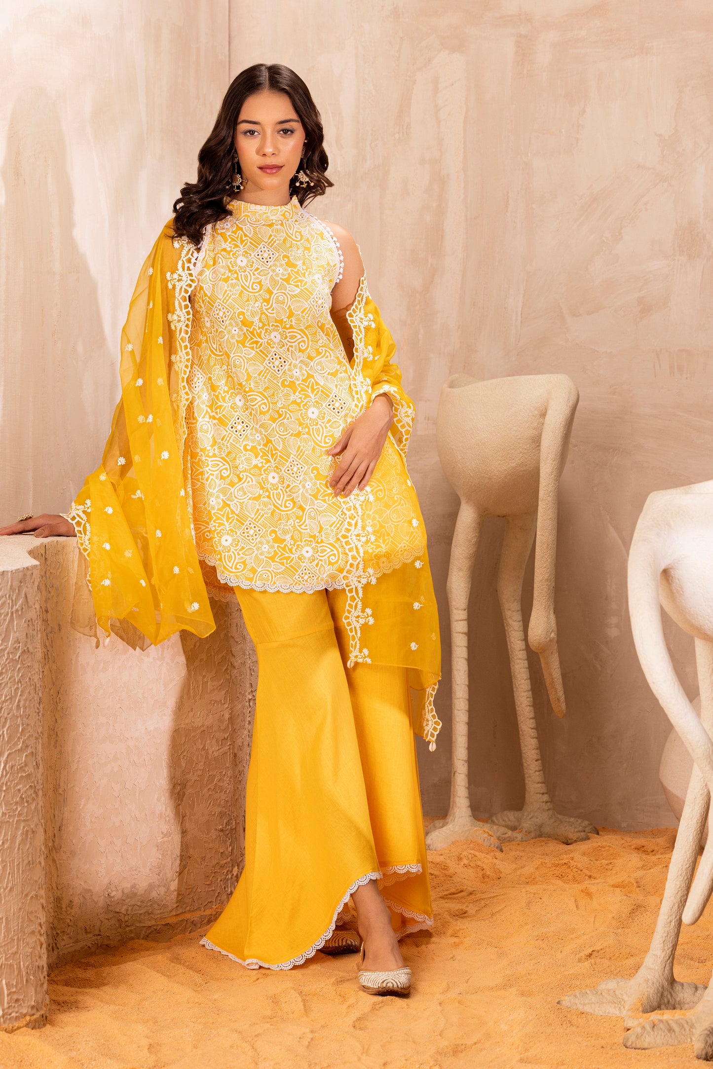 Marigold Halter Set With Organza dupatta