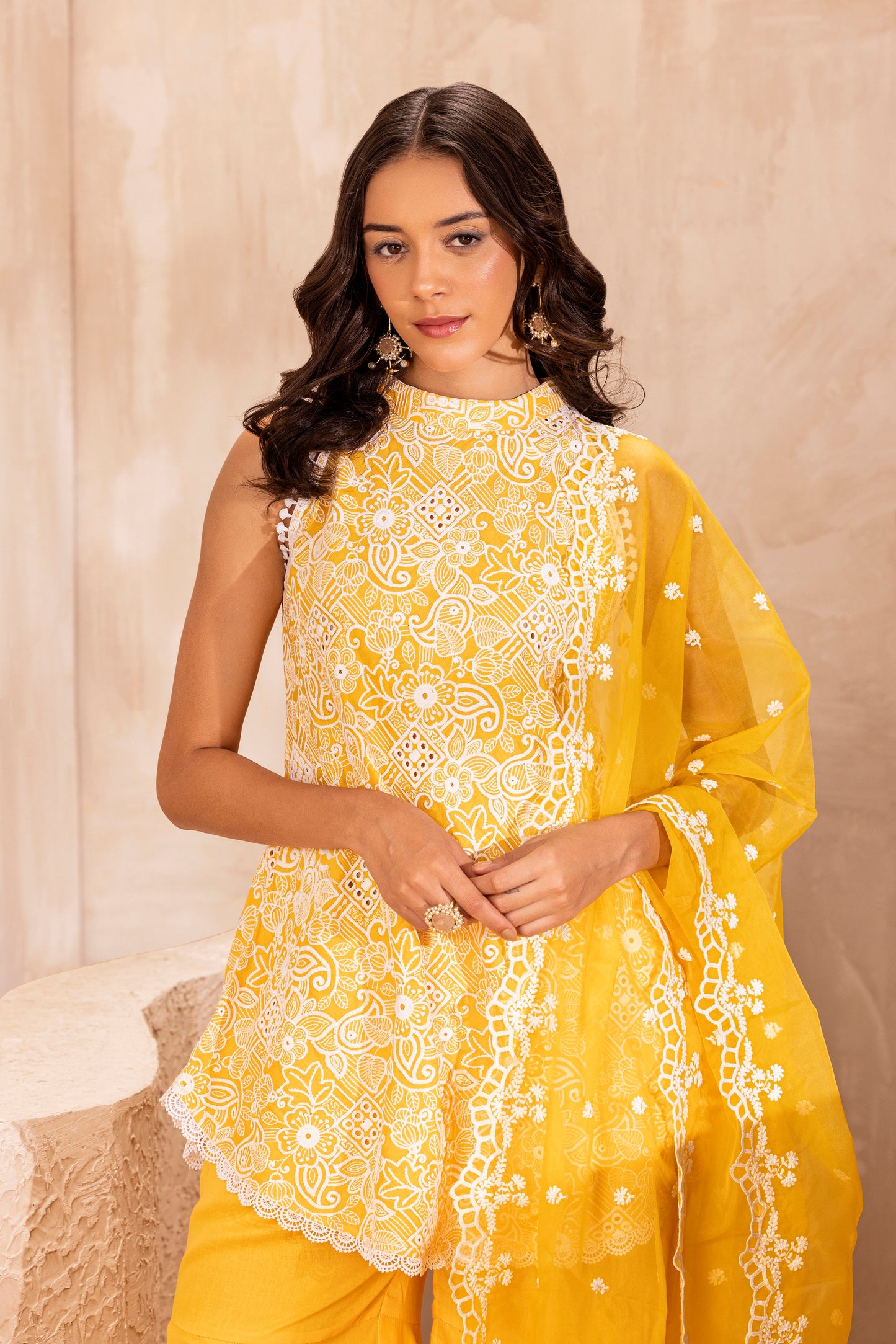 Marigold Halter Set With Organza dupatta