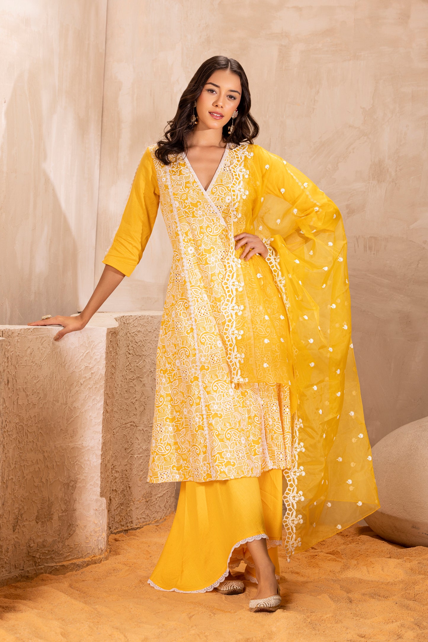 Yellow Embroidered Wrap Kurta Set with organza dupatta