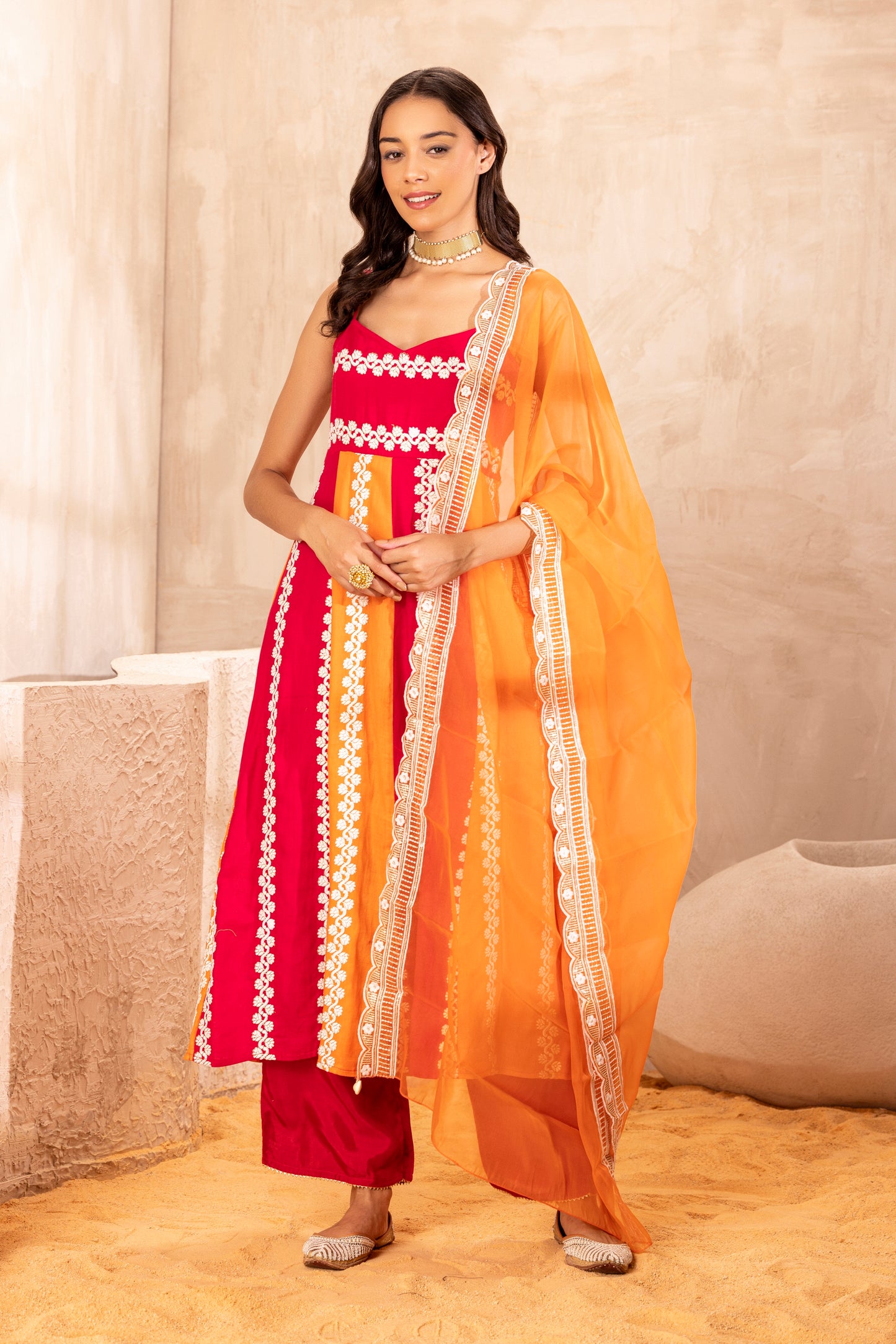 Hot Pink and Orange Color Block Suit Set