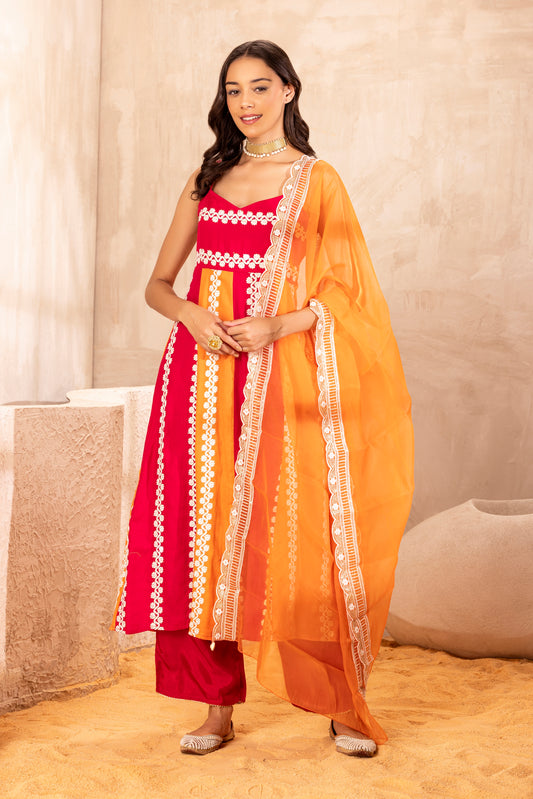 Hot Pink and Orange Color Block Suit Set