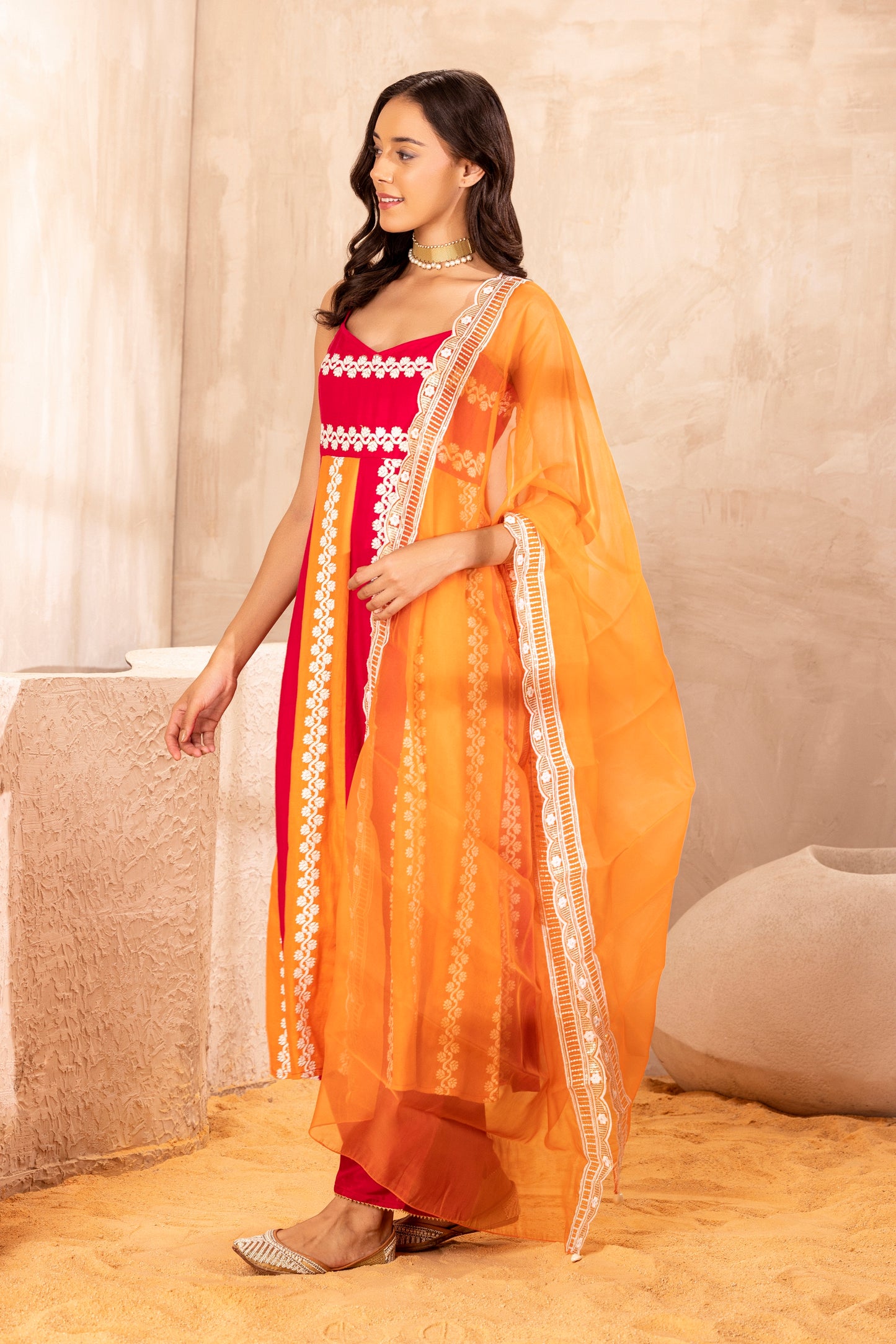 Hot Pink and Orange Color Block Suit Set