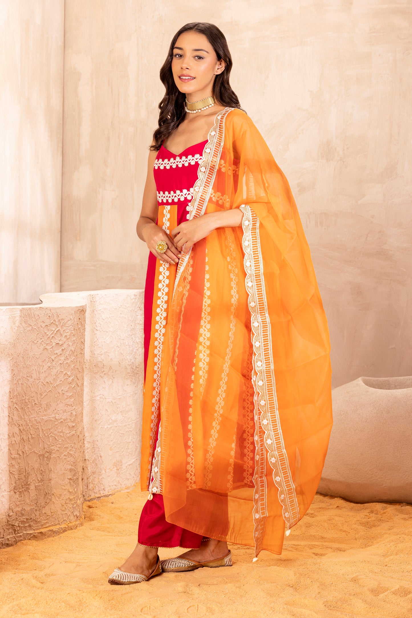 Hot Pink and Orange Color Block Suit Set