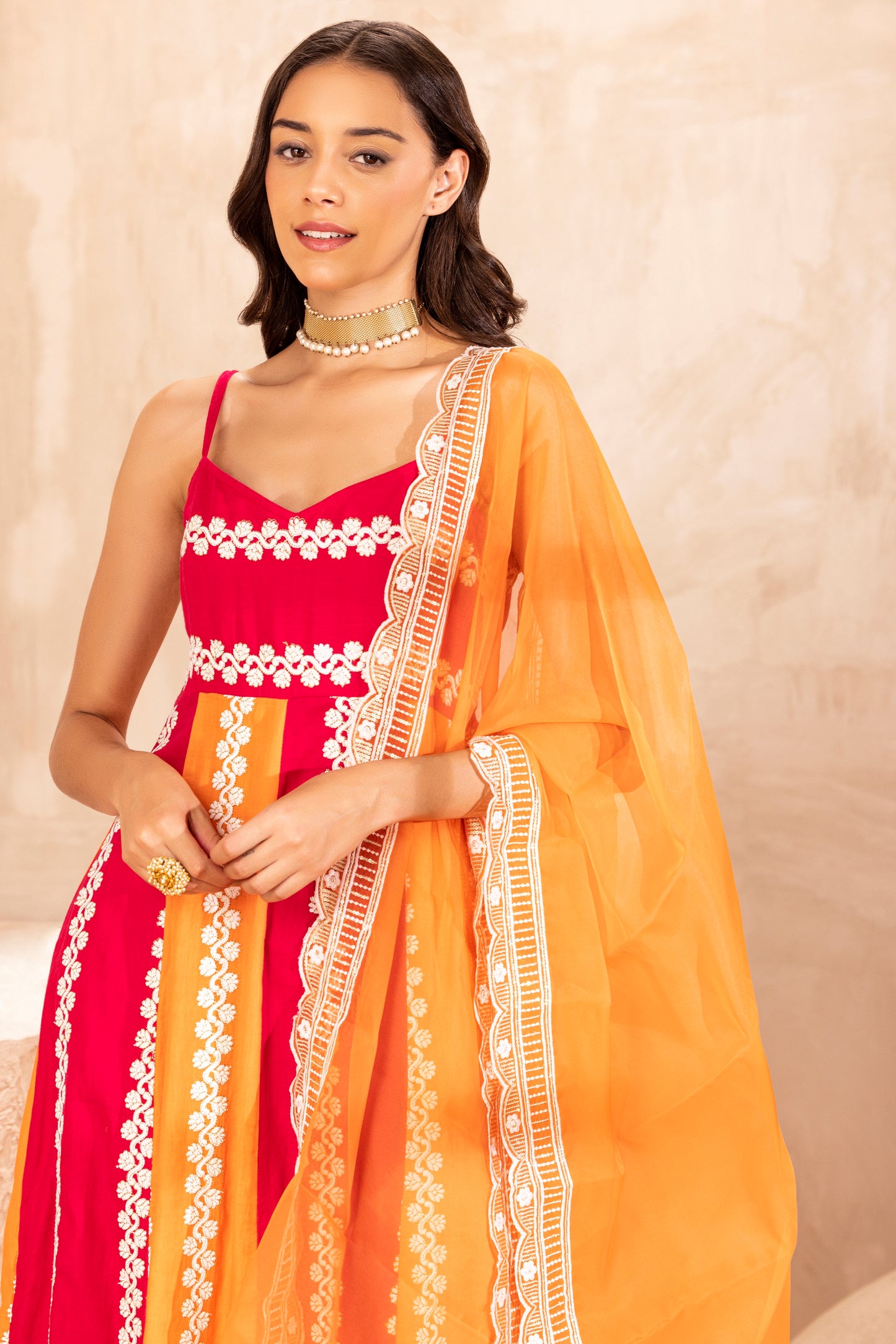 Hot Pink and Orange Color Block Suit Set