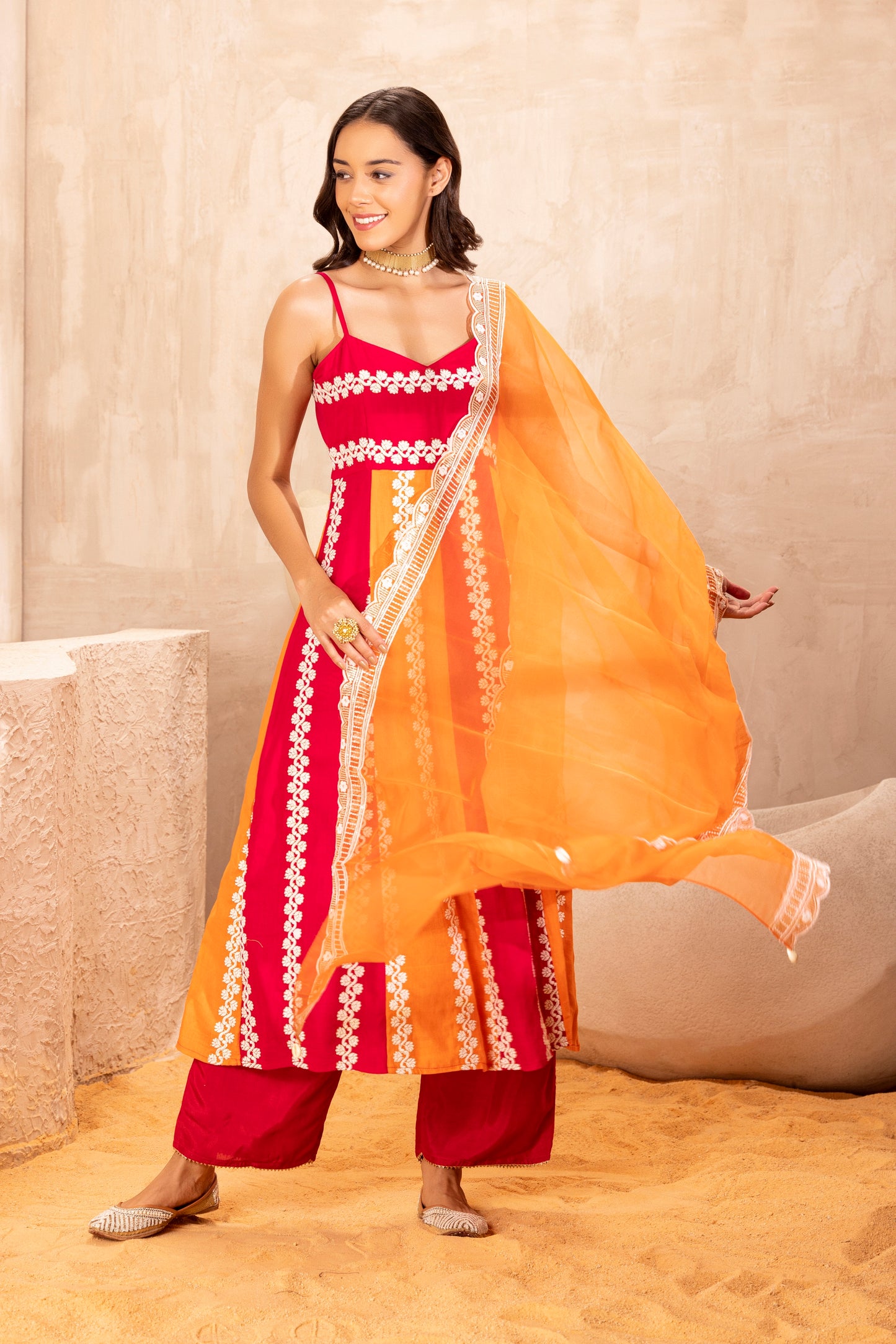 Hot Pink and Orange Color Block Suit Set