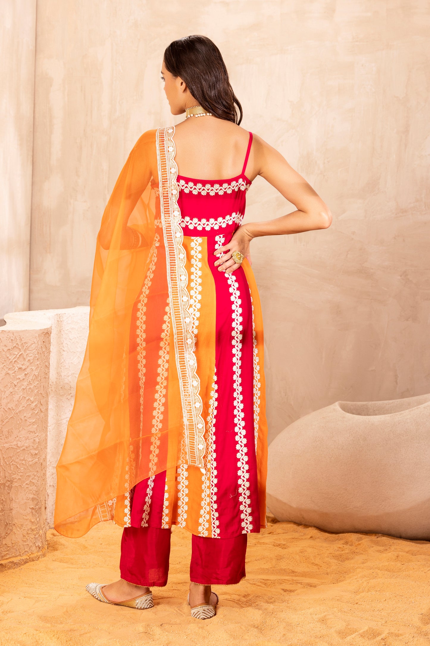 Hot Pink and Orange Color Block Suit Set