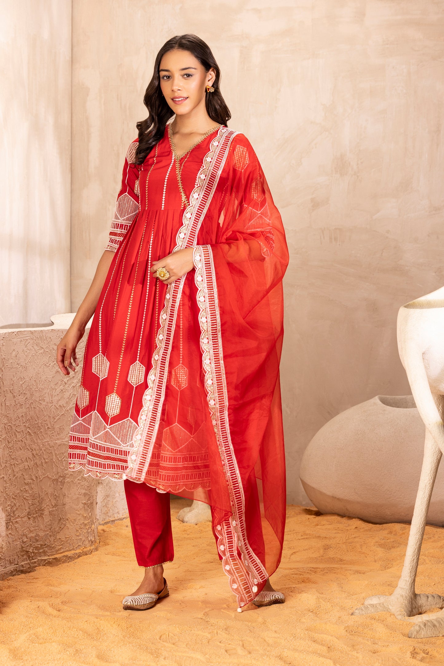 RED Crystal Suit SET WITH ORGANZA DUPATTA