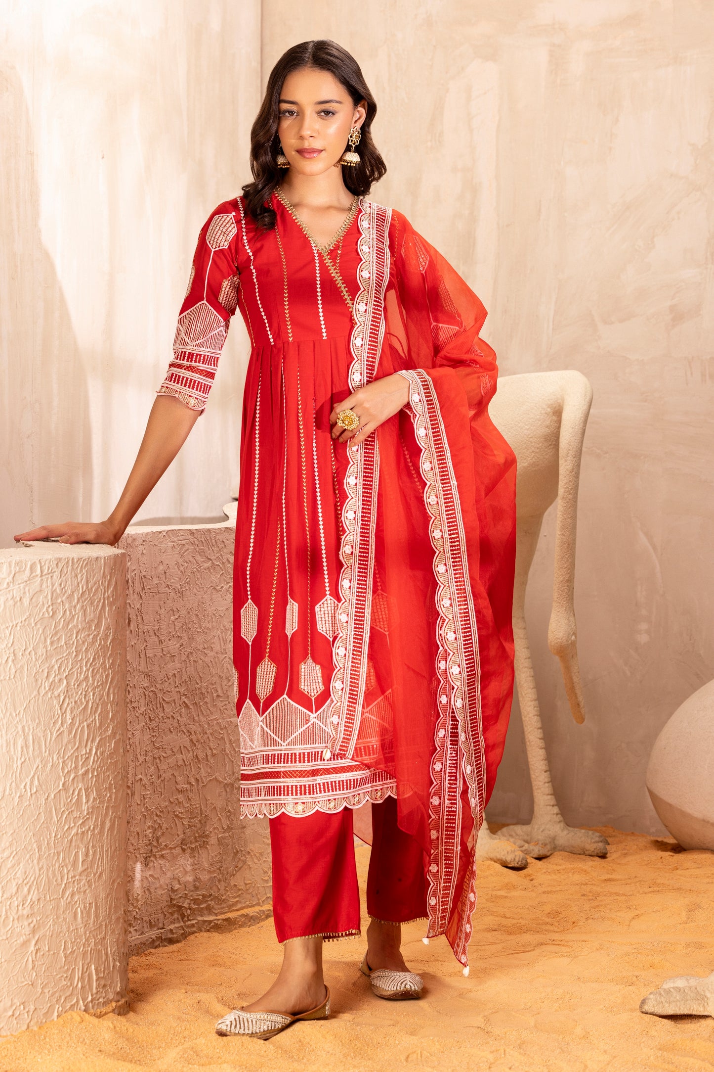 RED Crystal Suit SET WITH ORGANZA DUPATTA