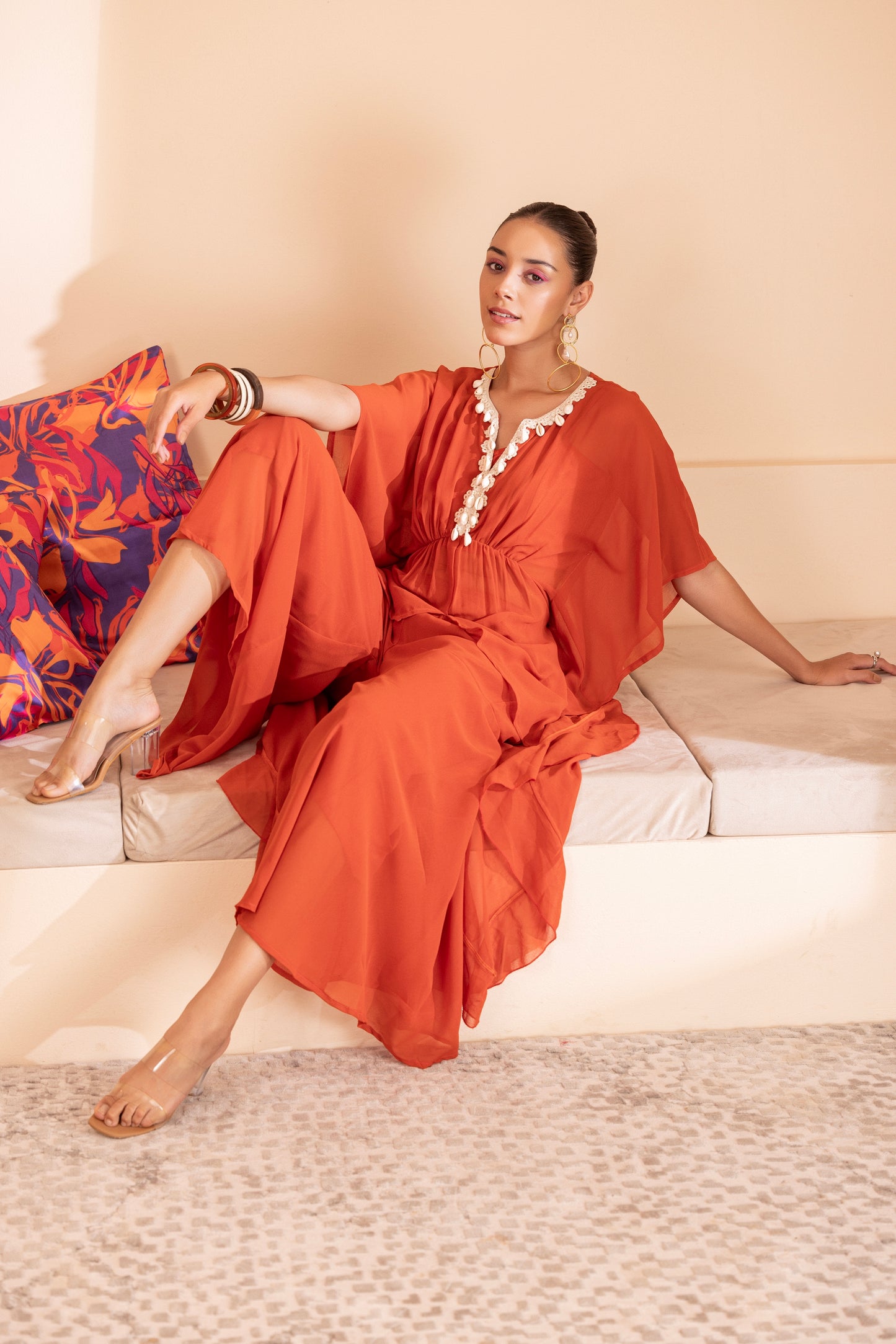 RUST SHELL EMBELISHED KAFTAN ENSEMBLE
