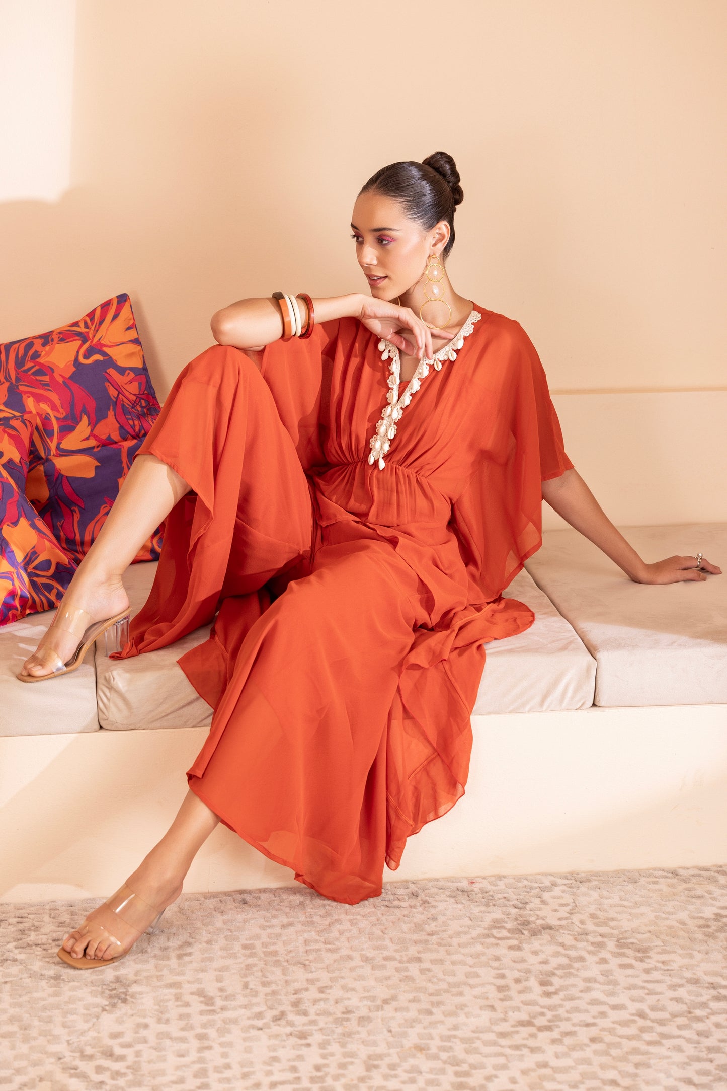 RUST SHELL EMBELISHED KAFTAN ENSEMBLE