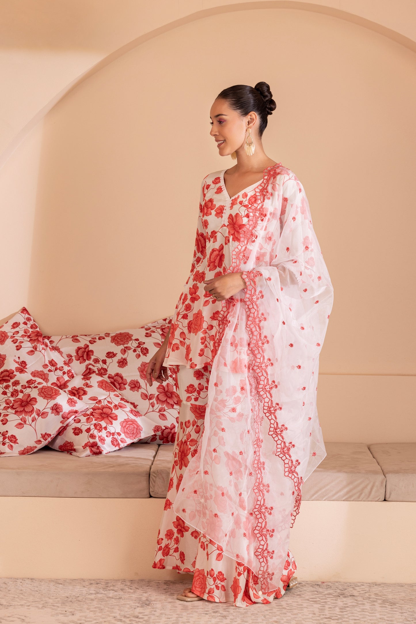 Cream and Red Floral Printed Suit Set