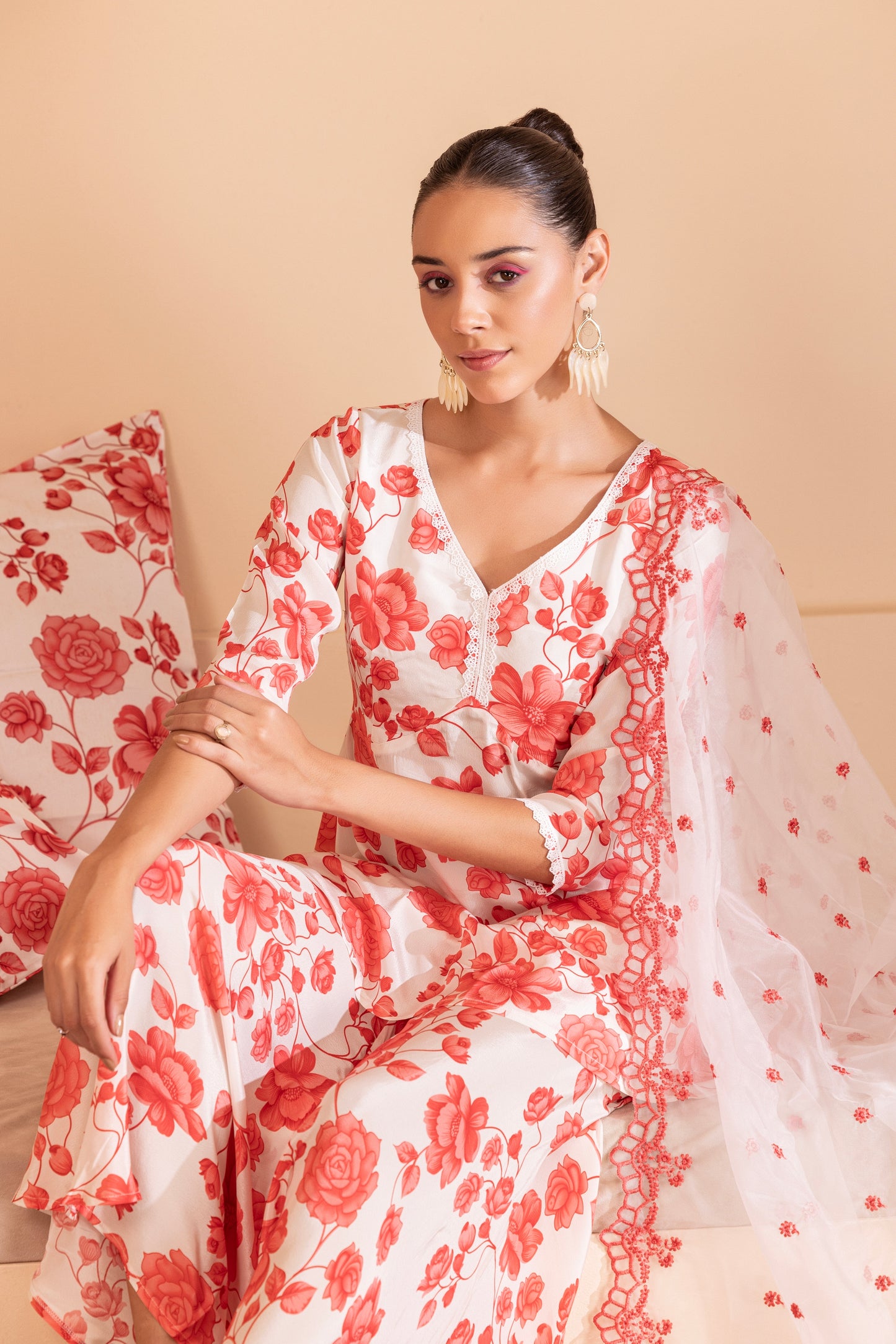 Cream and Red Floral Printed Suit Set