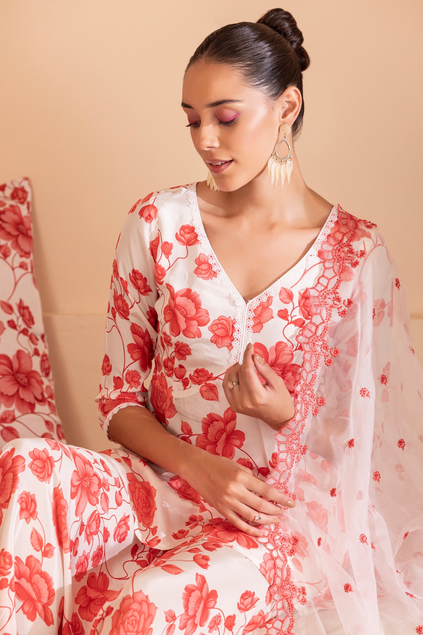 Cream and Red Floral Printed Suit Set