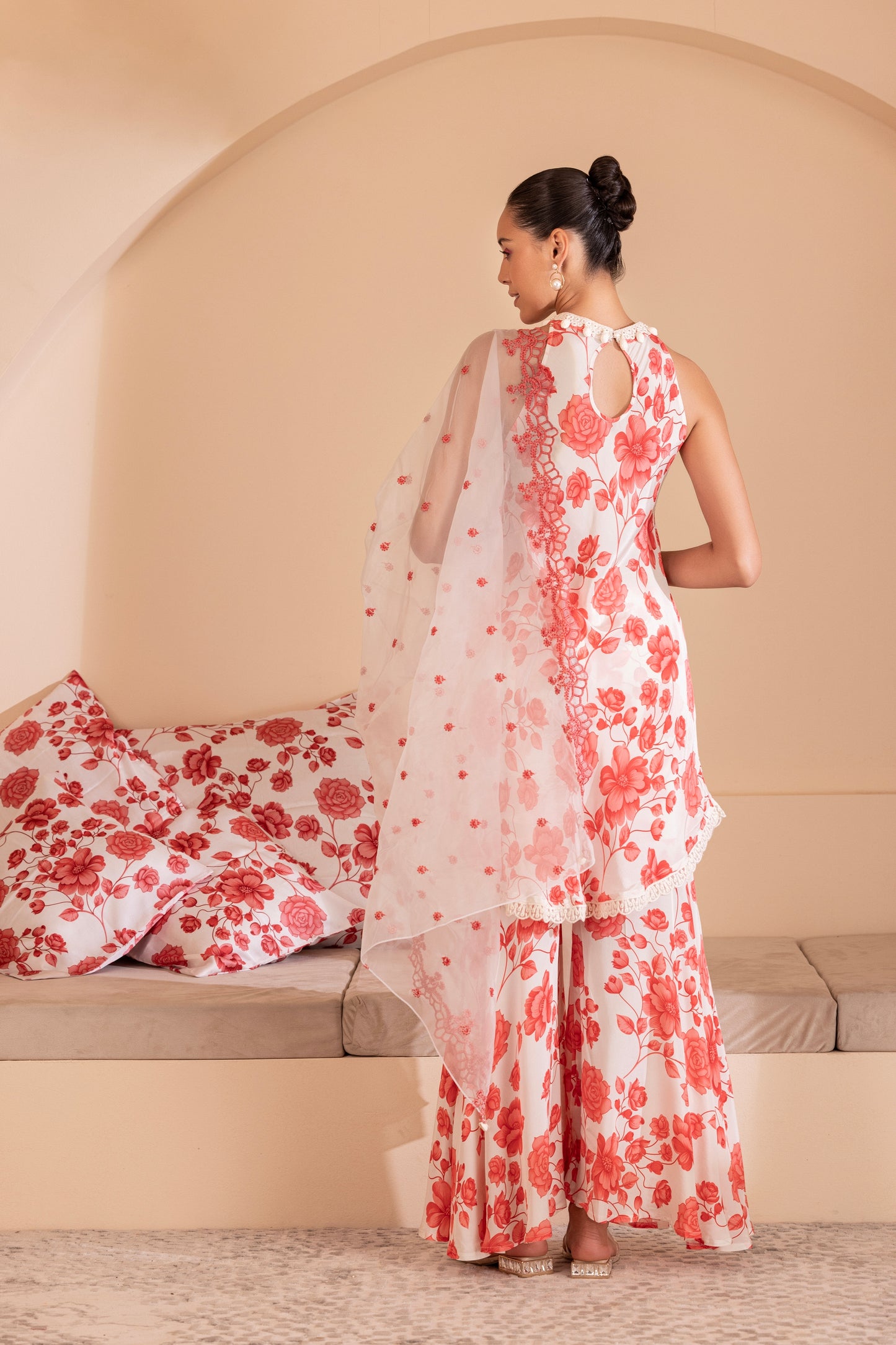 Red Floral Halter Set with Embroidered Organza Dupatta