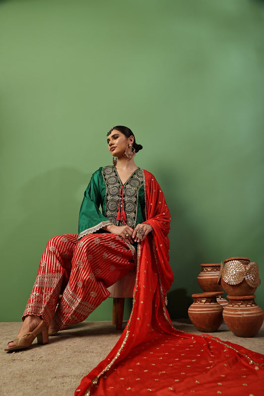 Dark Green And Red Gold Embroidered Farshi Salwar Suit Set