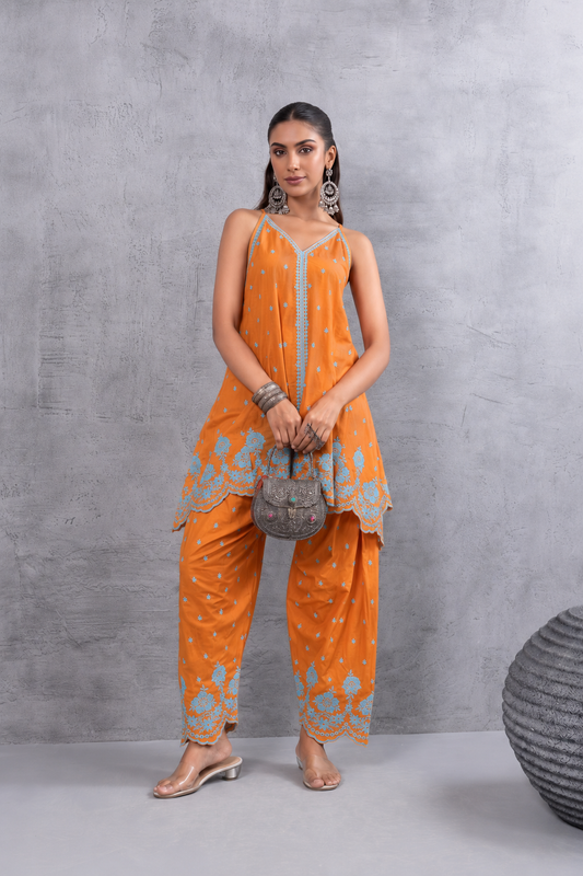 ORANGE AND BLUE HALTER EMBROIDERED FARSHI SALWAR SET