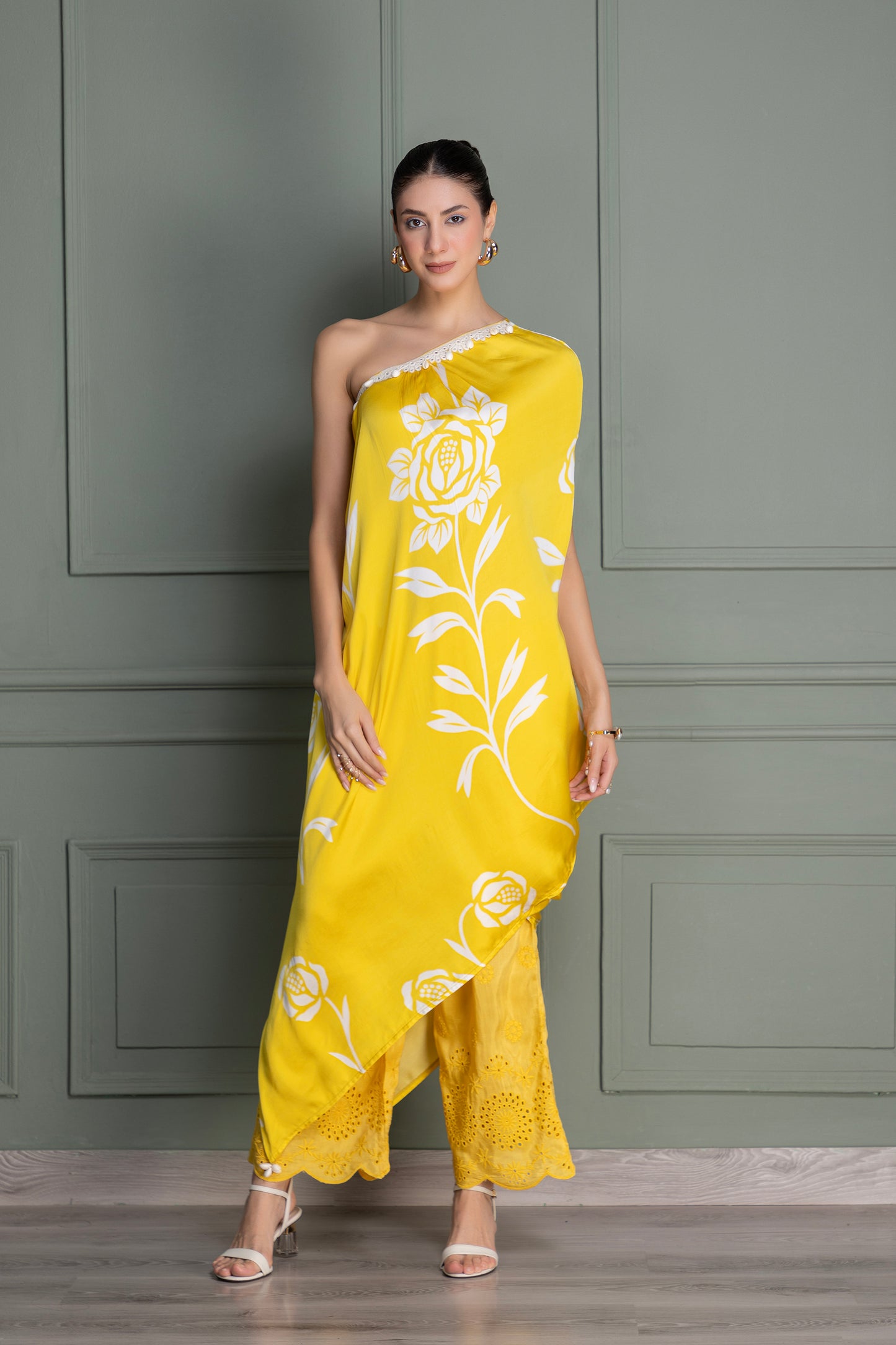 Yellow Drape Printed Indie-Fusion Set