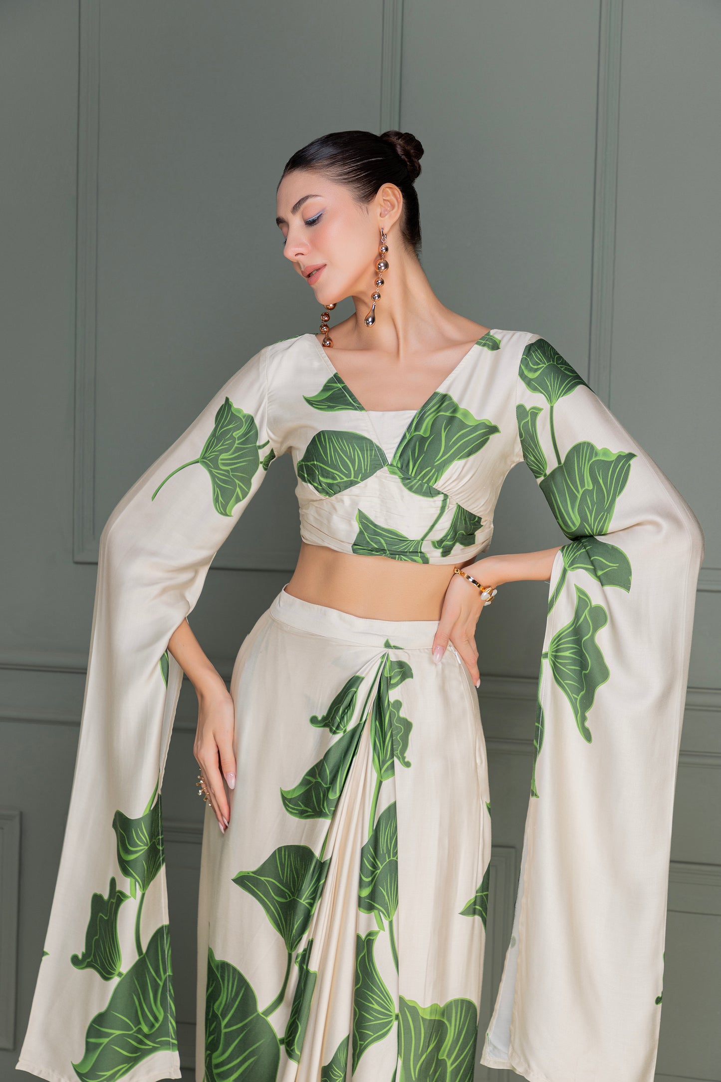 Beige and Green Floral Printed Drape Top and Dhoti Skirt Set