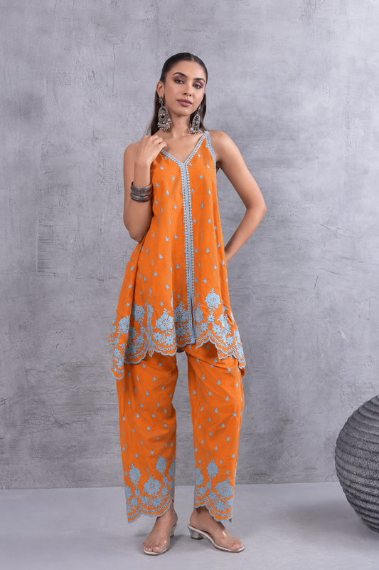 ORANGE AND BLUE HALTER EMBROIDERED FARSHI SALWAR SET