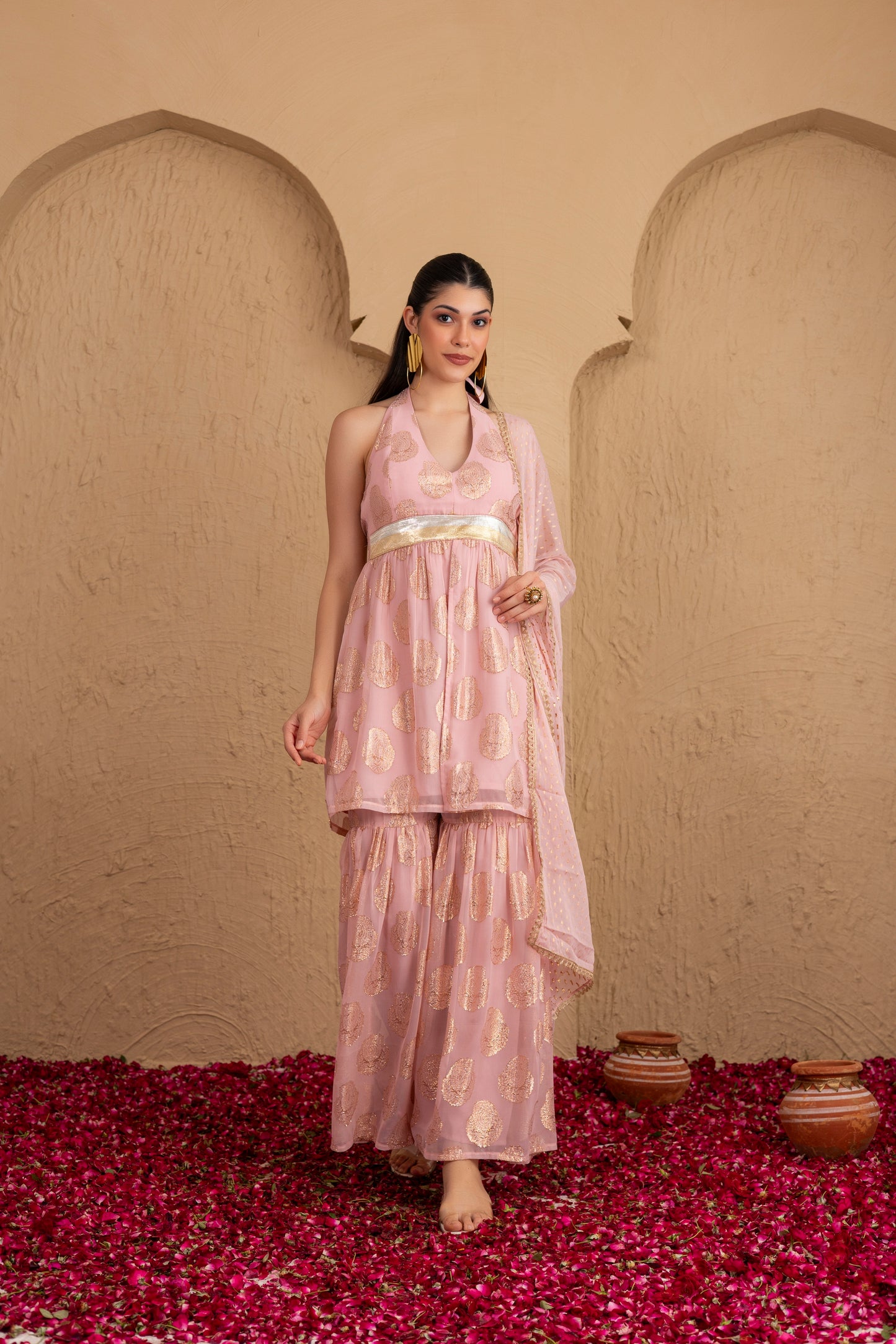 Baby Pink and Gold Georgette Halter Suit Set