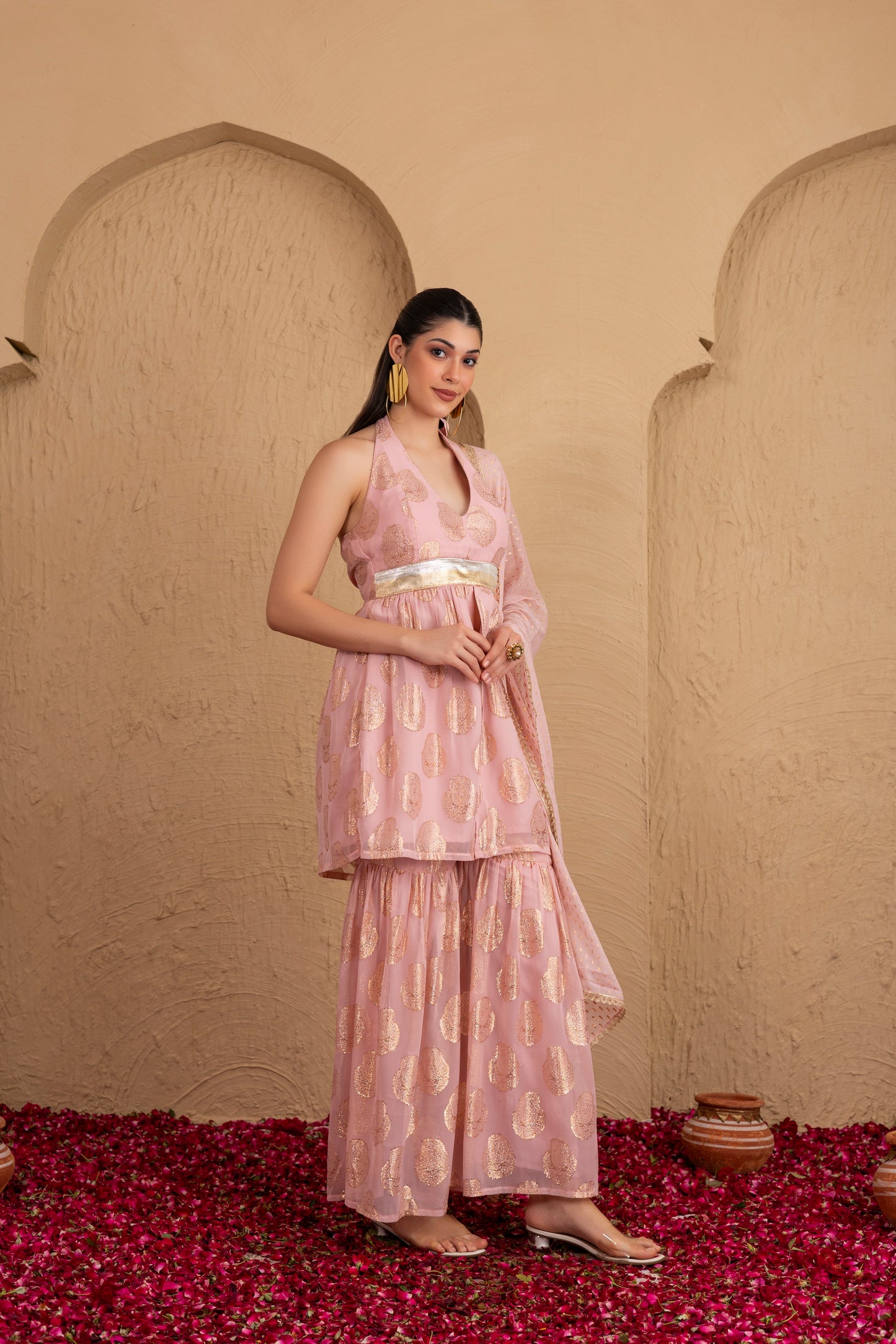 Baby Pink and Gold Georgette Halter Suit Set