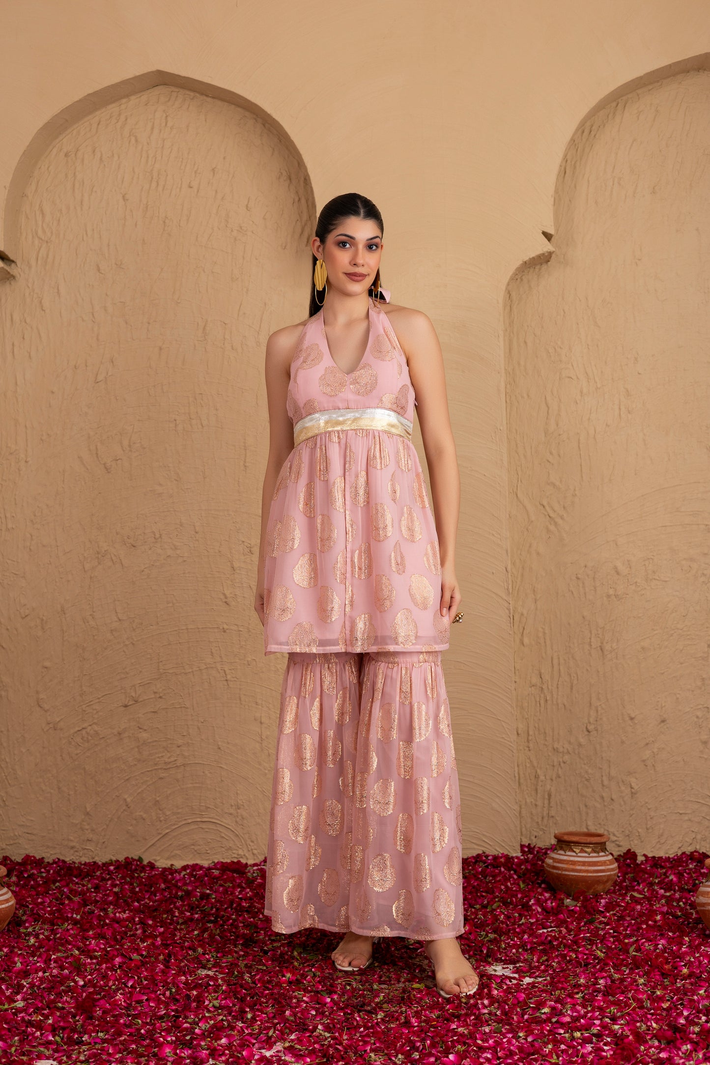 Baby Pink and Gold Georgette Halter Suit Set