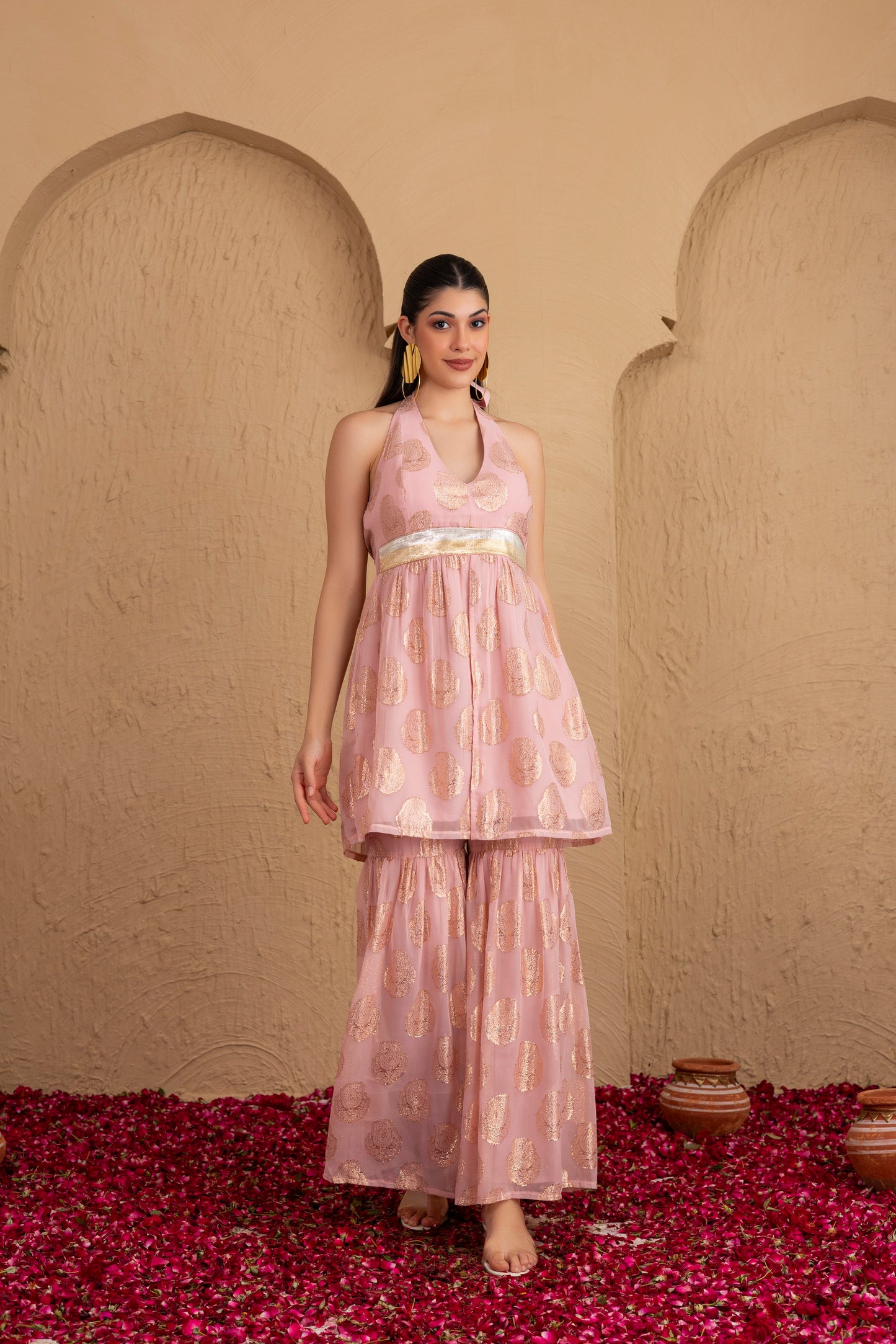 Baby Pink and Gold Georgette Halter Suit Set