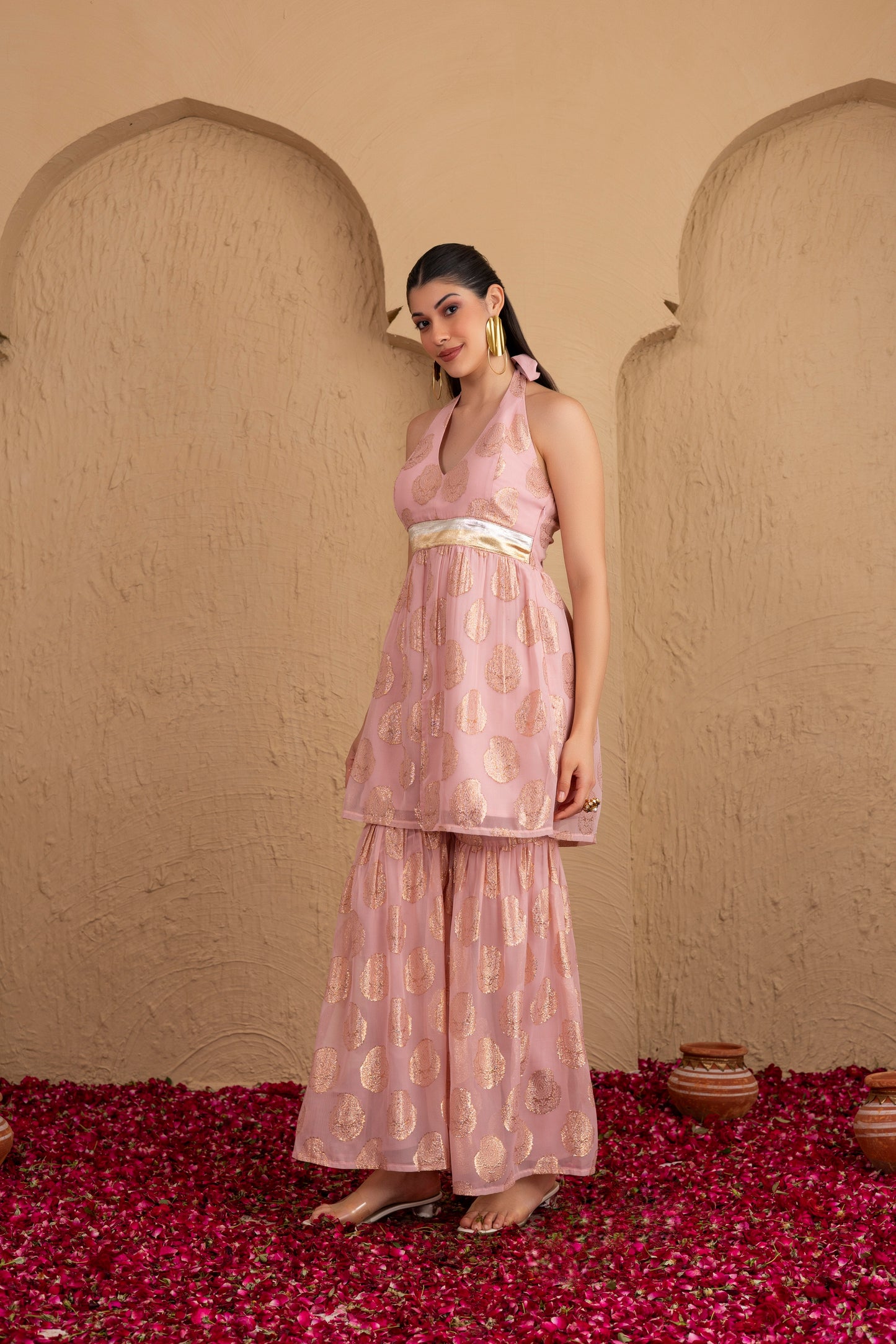 Baby Pink and Gold Georgette Halter Suit Set