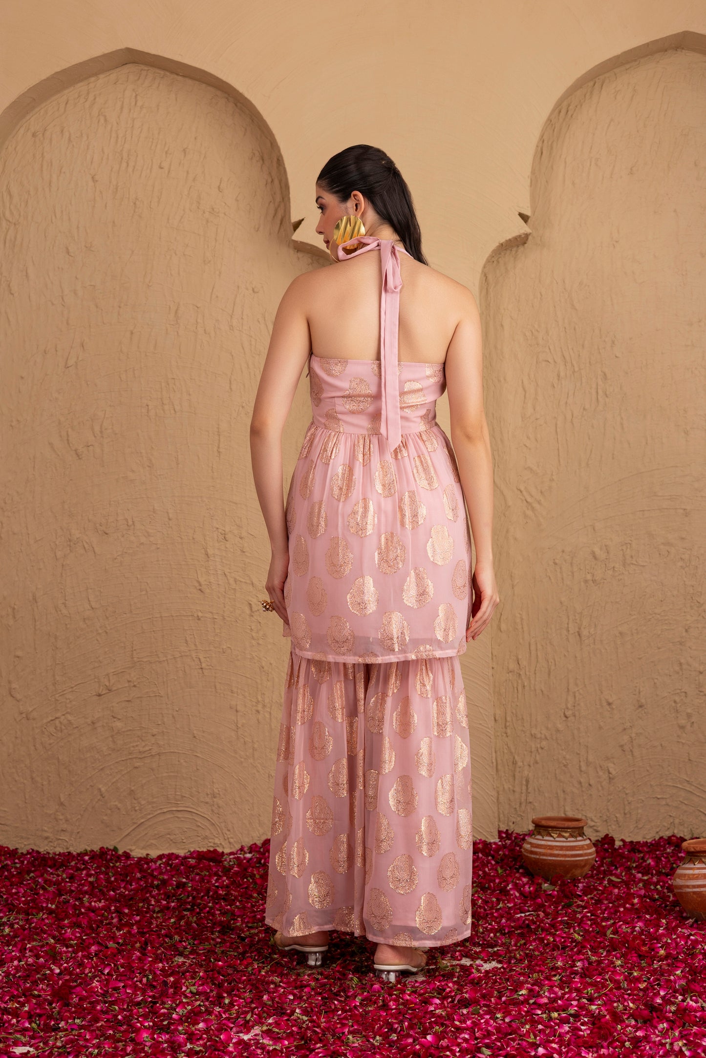 Baby Pink and Gold Georgette Halter Suit Set