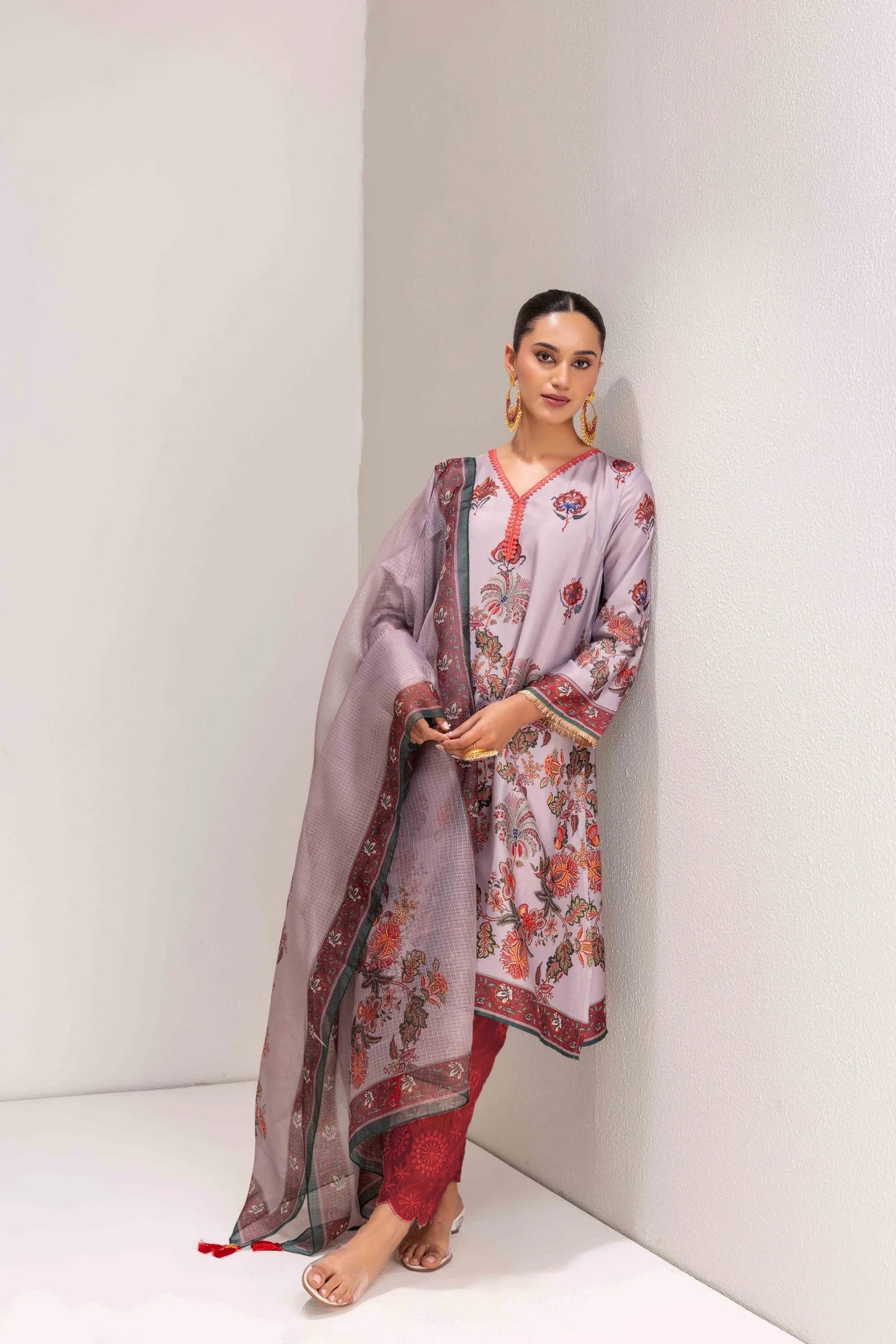 GREIGE KASHMIRI STYLE FLORAL PRINT SUIT SET