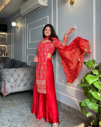 Red Gold Embroidered Kurta with Lehenga Set