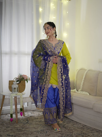 LIME BLUE GOLD EMBROIDERED SALWAR SUIT SET