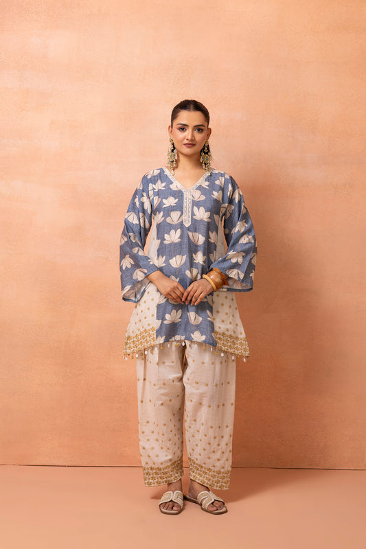 Blue And Cream Floral Printed and Embroidered Farshi Salwar Set