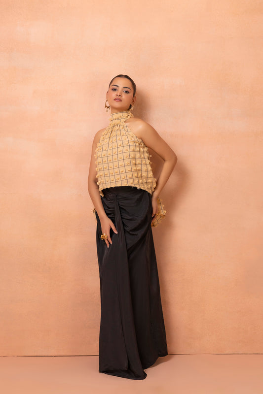 Beige And Black Checks Top And Drape Skirt Set