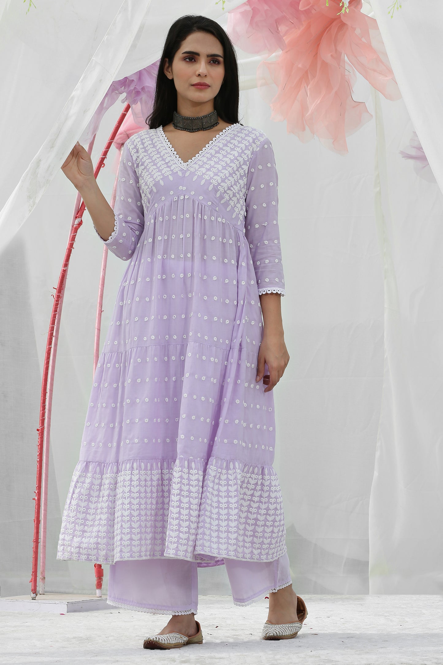 Lavender Embroidered Suit Set with Organza Dupatta