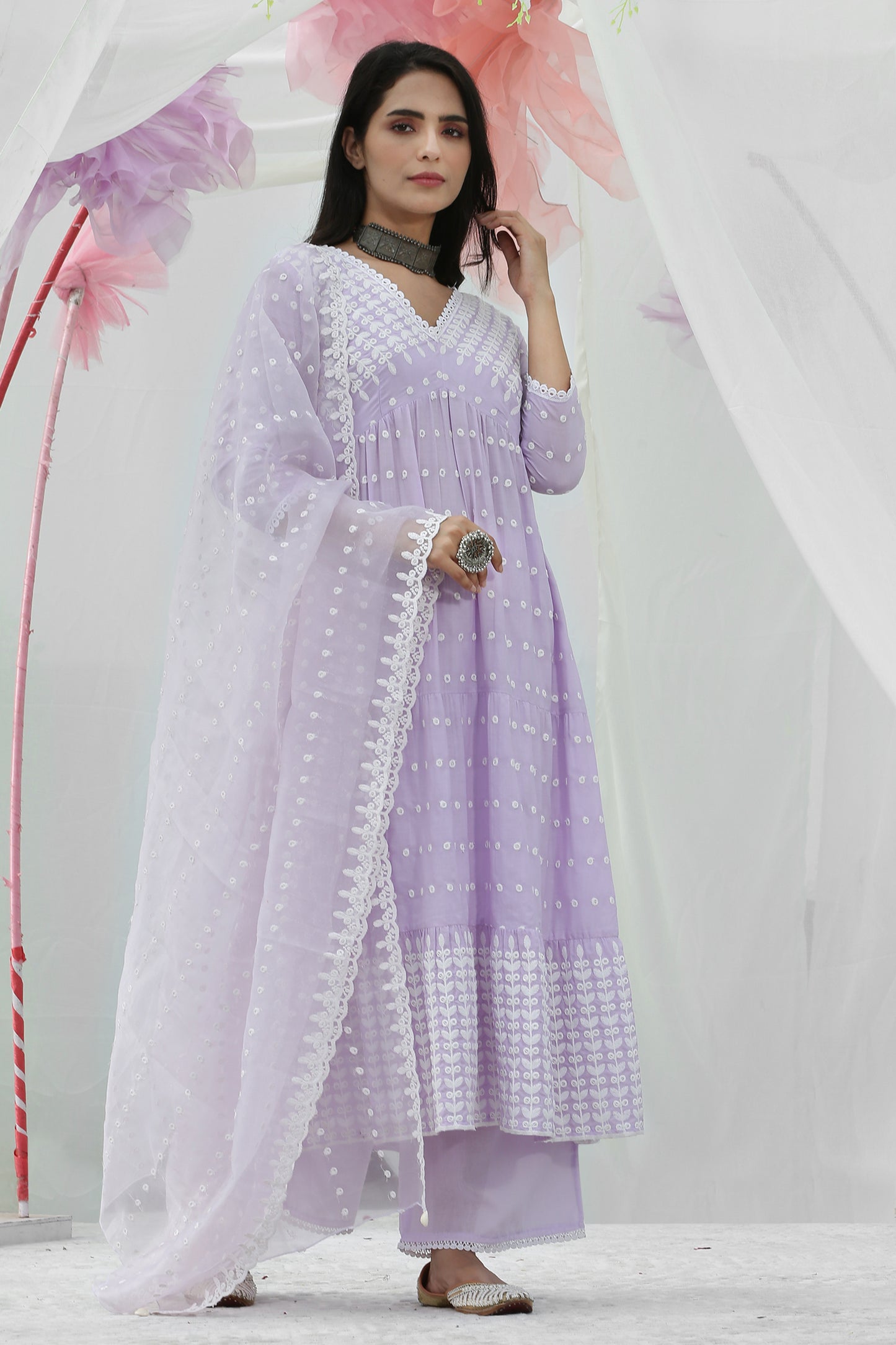 Lavender Embroidered Suit Set with Organza Dupatta