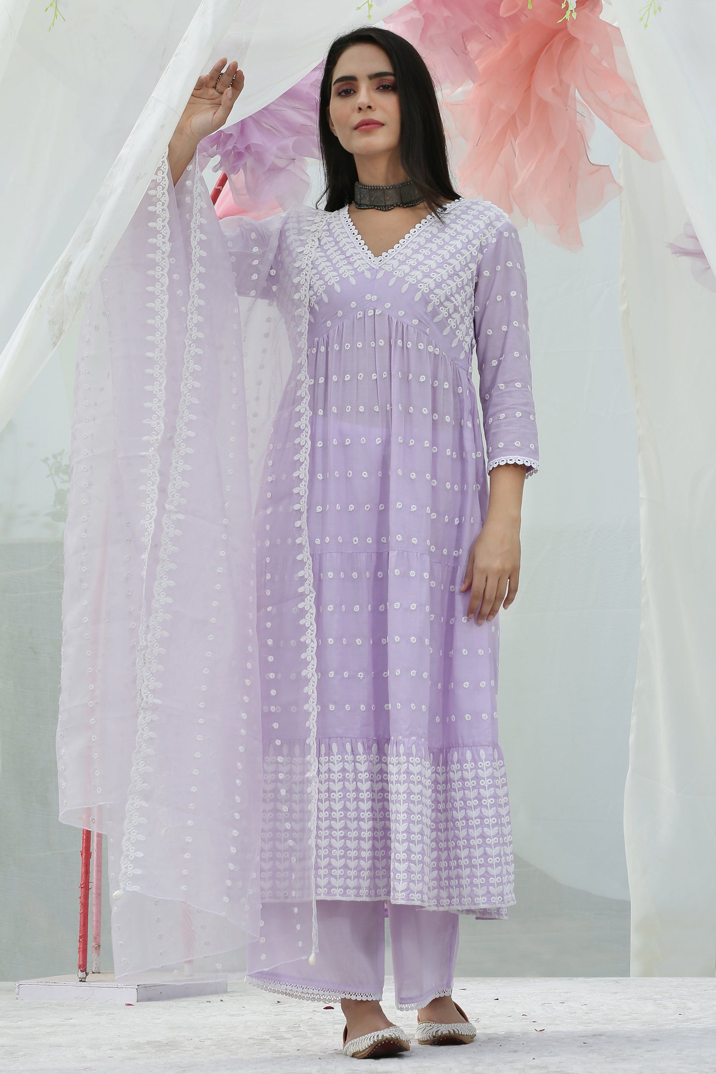 Lavender Embroidered Suit Set with Organza Dupatta