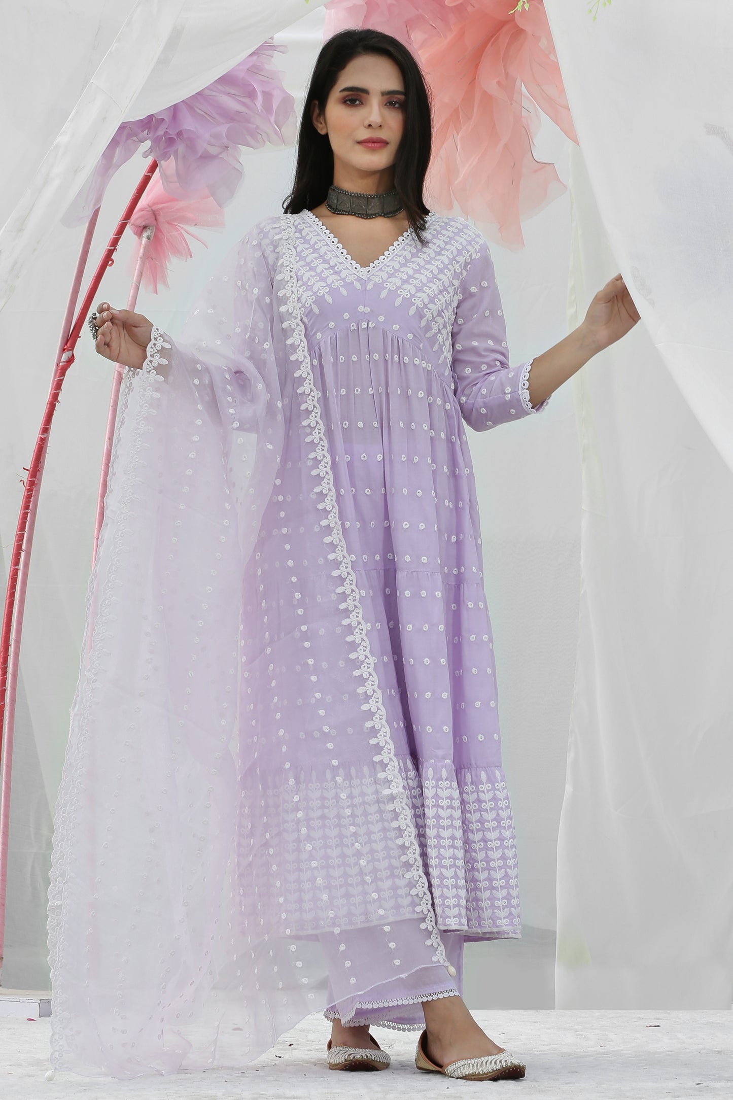 Lavender Embroidered Suit Set with Organza Dupatta
