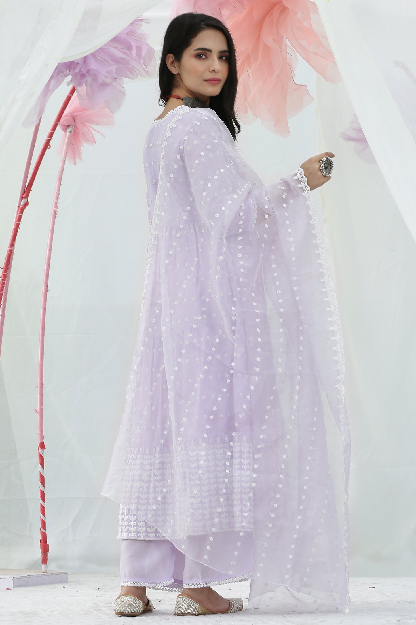 Lavender Embroidered Suit Set with Organza Dupatta