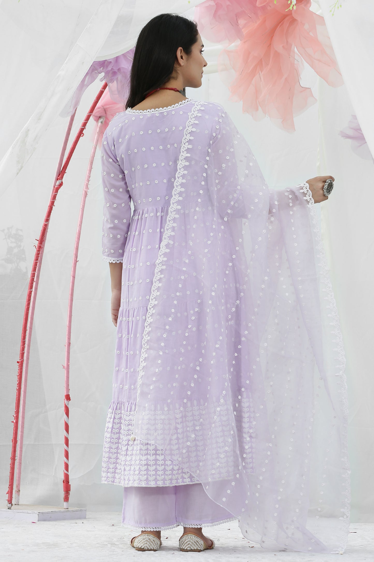 Lavender Embroidered Suit Set with Organza Dupatta