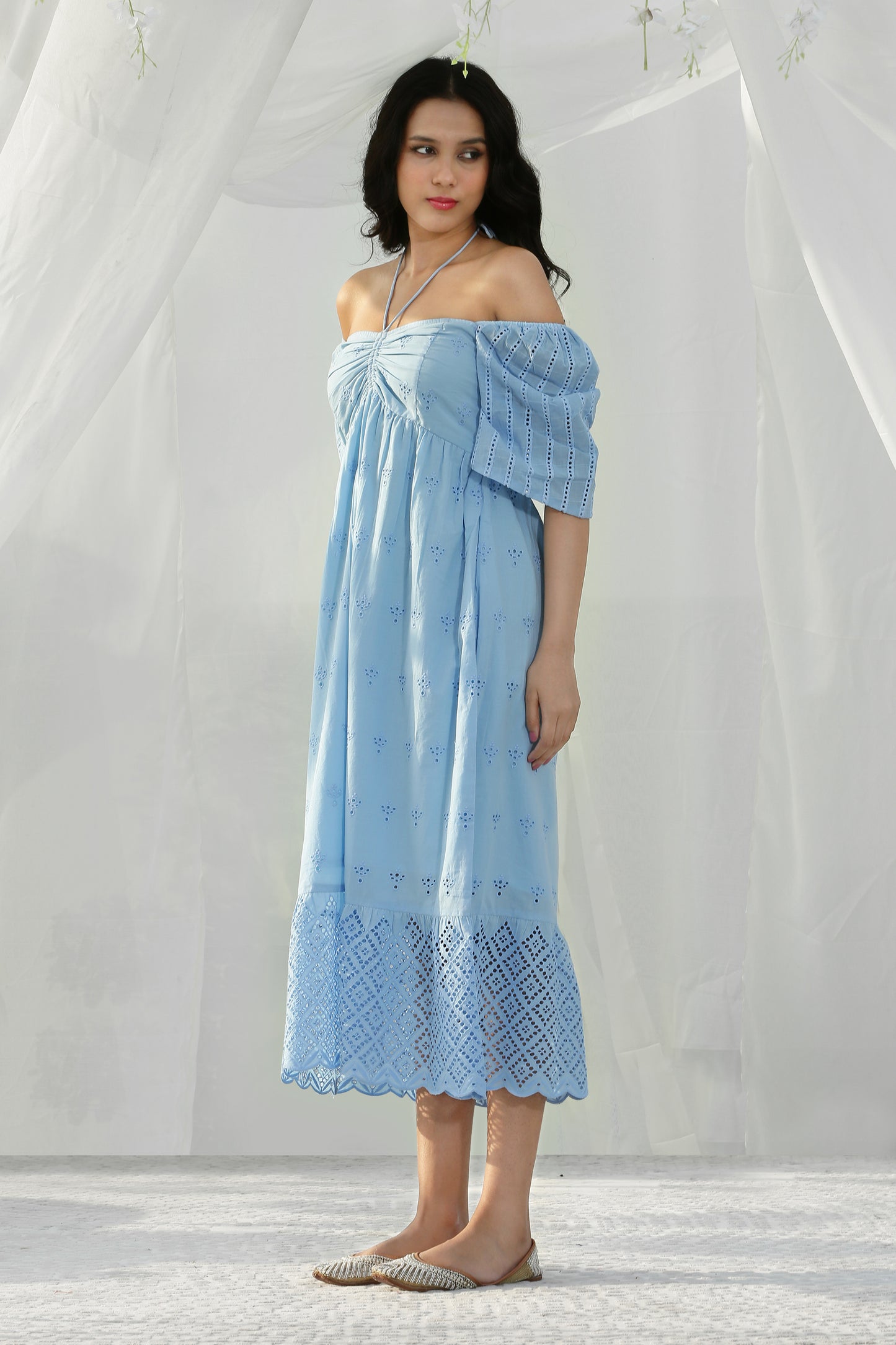 SKY BLUE TIE SCHIFFLI MIDI DRESS