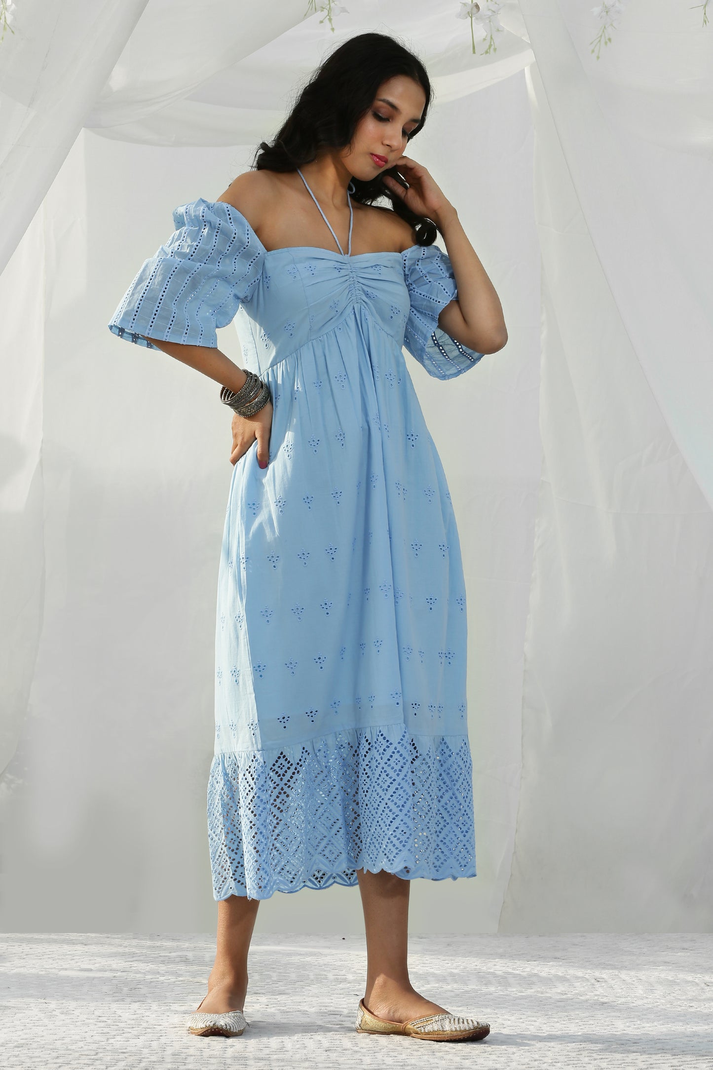 SKY BLUE TIE SCHIFFLI MIDI DRESS